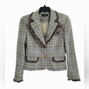 Claire DK Women's Blazer Size 34 Cotton Plaid Animal Print Office Career Elegant